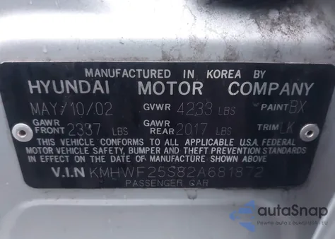 2002 Hyundai Sonata z USA, uszkodzony, nr VIN KMHWF25S82A681872